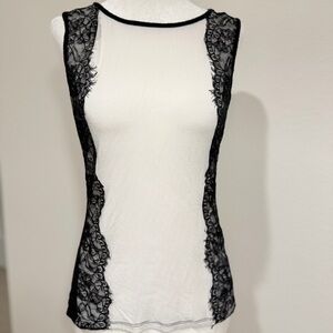 Black White Lace Panel Tank Top | Sheer Lace Contrast Blouse | Size M